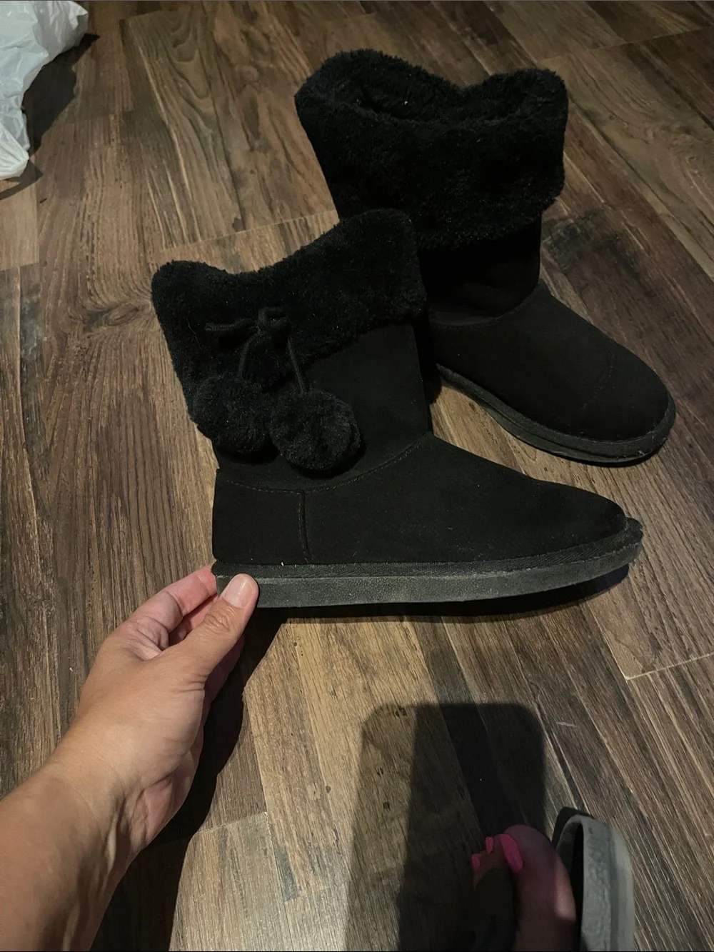 Black Plush Ankle Boots with Pom-Pom Accent - Women